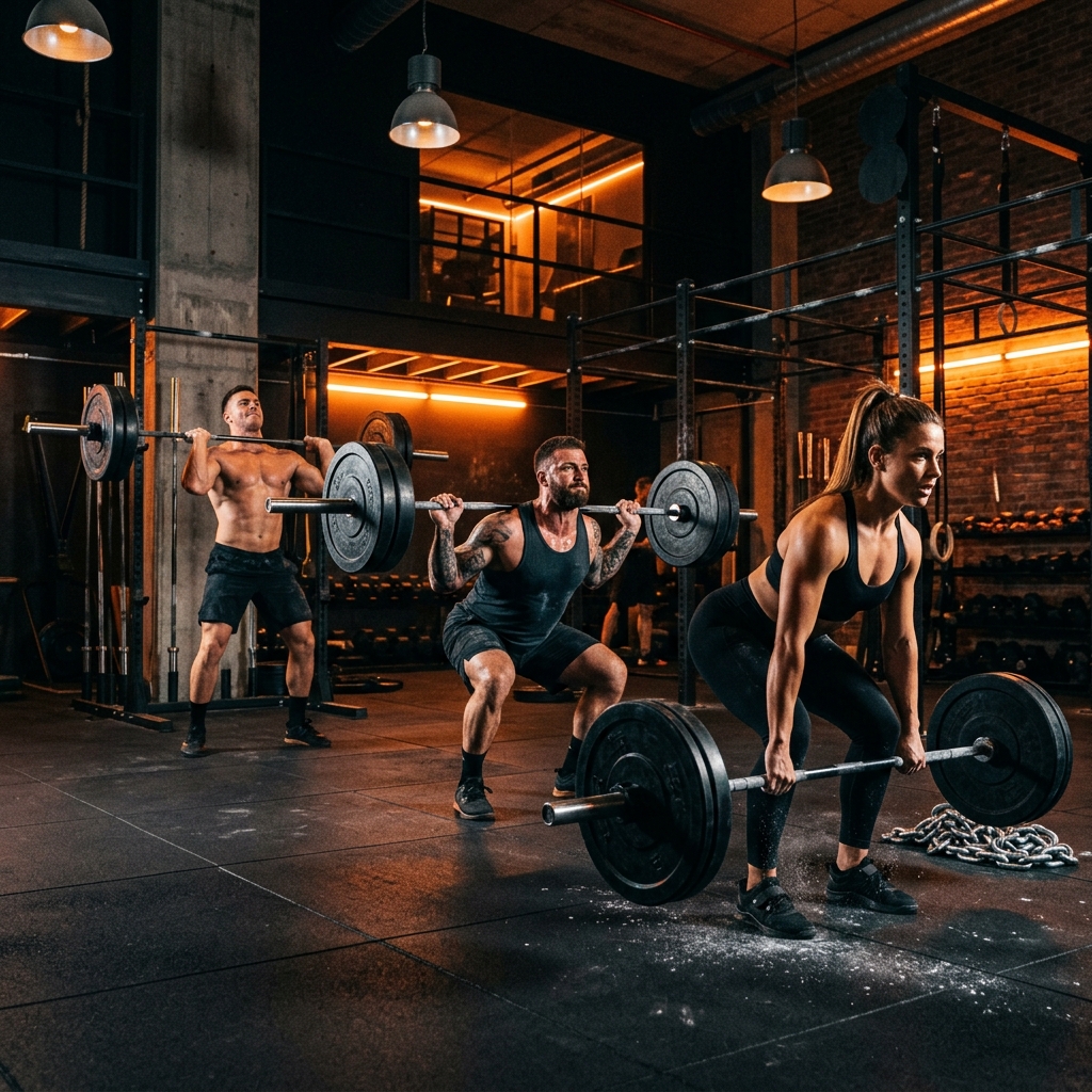 Atletas entrenando duro en el gimnasio Iron Gear